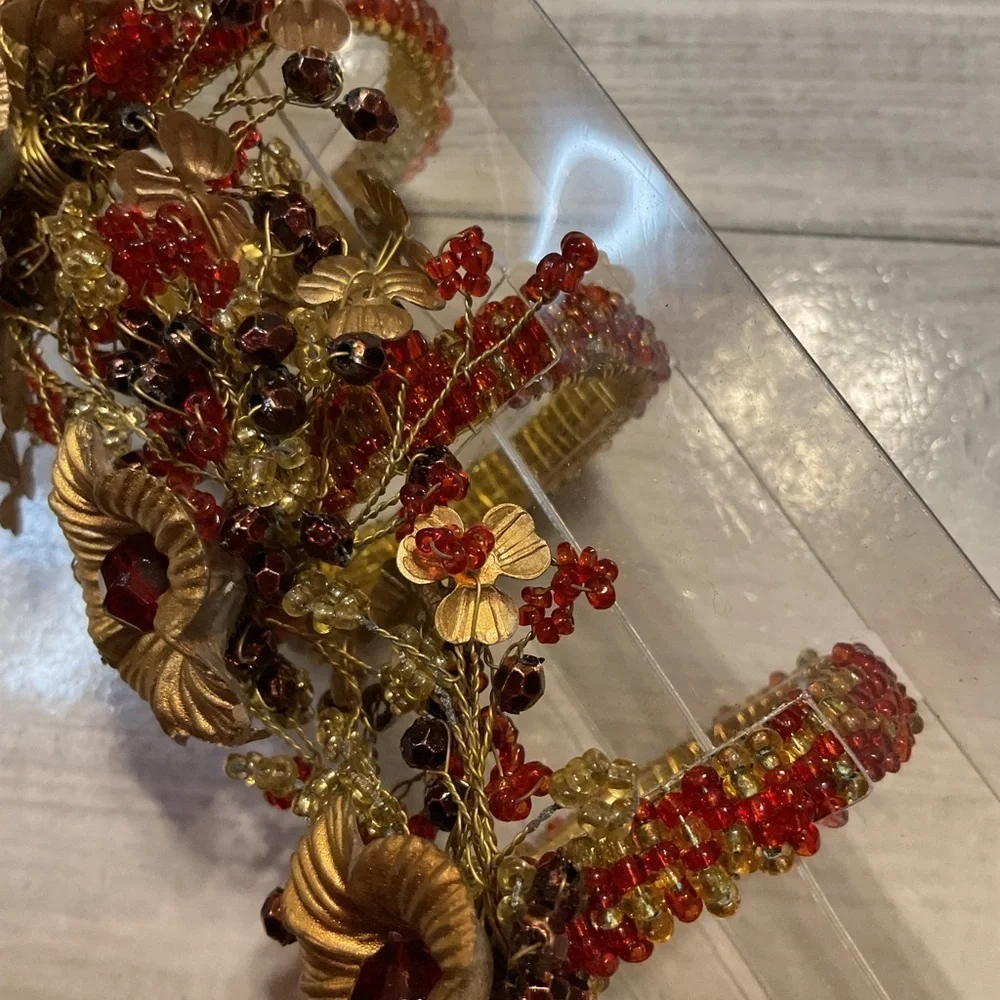 Pier 1 Gold Red Floral napkin rings kitchen decor set 4